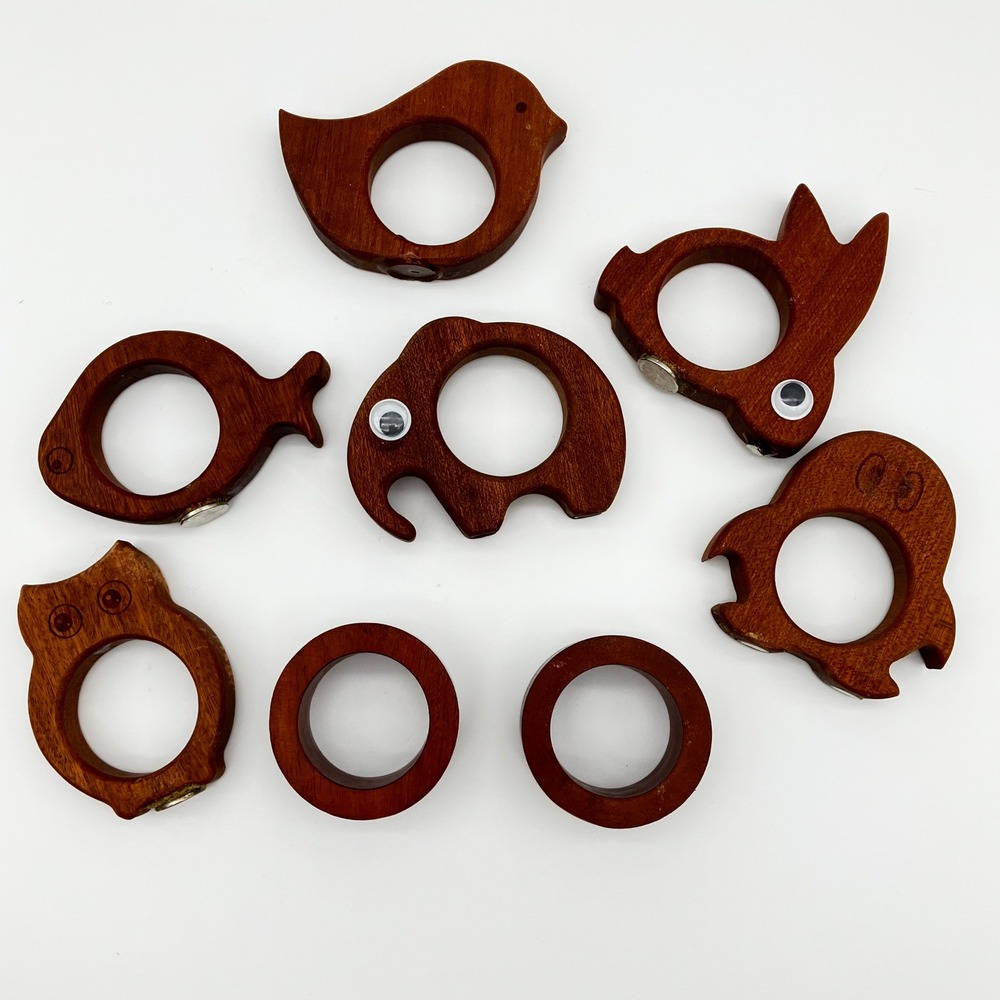 Vintage Handmade Wood Animal Napkin Rings Set of 8 Brown Magnetic Rustic